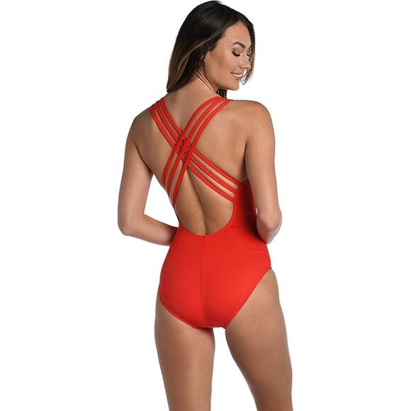 La Blanca Island Goddess Multi-Strap Cross-Back One Piece Red Tummy Cntrl Sz 14 - Picture 2 of 2